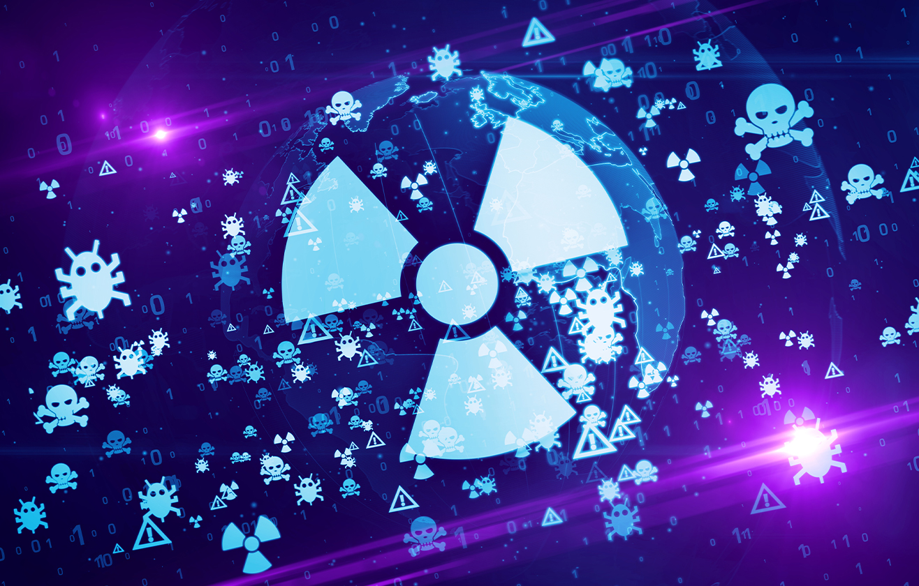 A symbol for nuclear radiation on a background with bugs and skulls and crossbones.