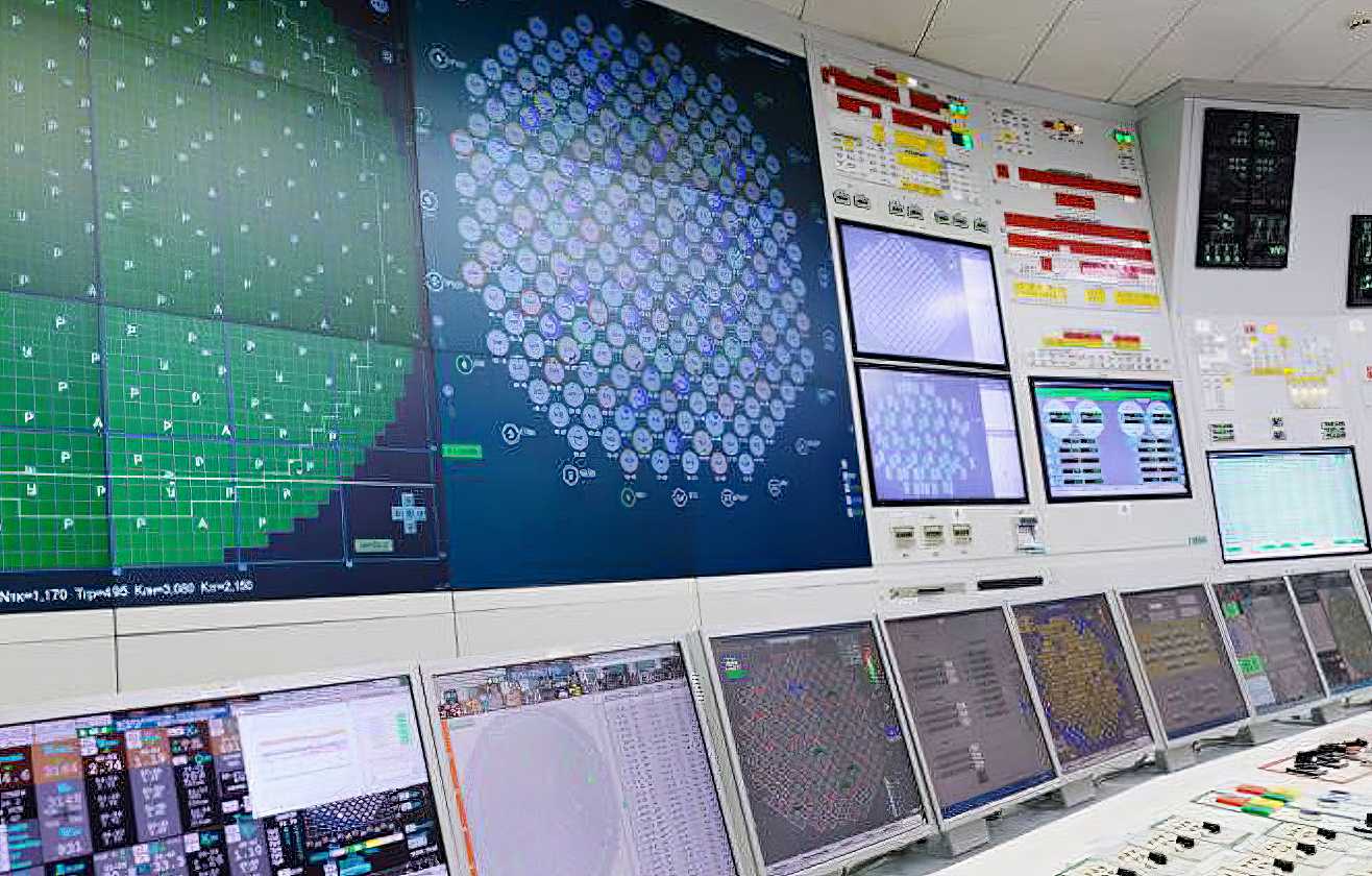 A control room inside a nuclear facility.